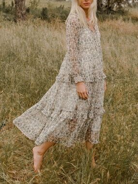 NORALEE SZ S Mirabelle Floral Tiered Maxi Dress - Lightweight Sheer Ruffles
